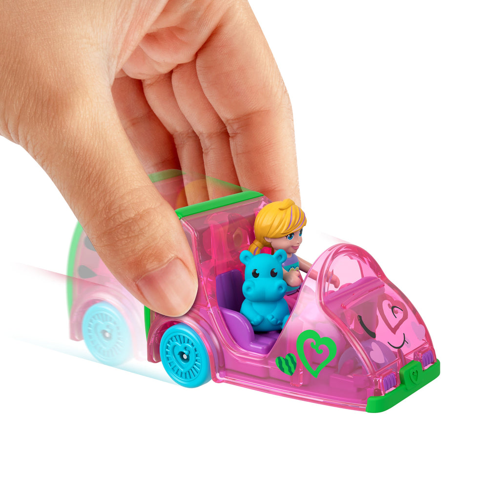 Polly Pocket Muhteşem Araçlar Karpuz Arabası, Mini Bebek, Su Aygırı Figürü ve Metal Araç