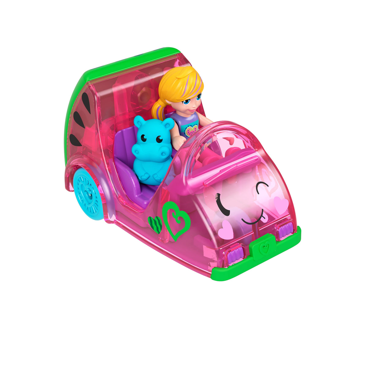 Polly Pocket Muhteşem Araçlar Karpuz Arabası, Mini Bebek, Su Aygırı Figürü ve Metal Araç