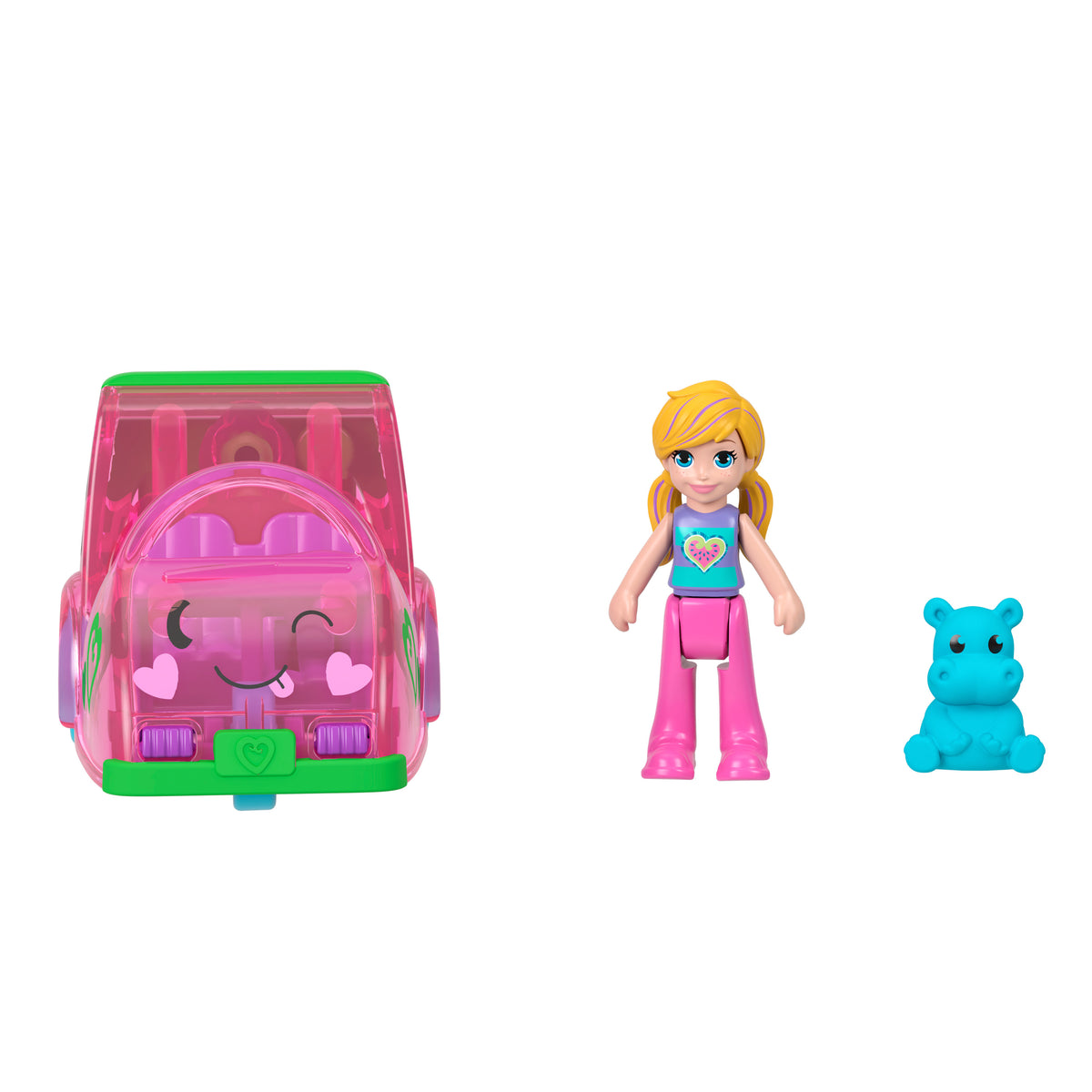 Polly Pocket Muhteşem Araçlar Karpuz Arabası, Mini Bebek, Su Aygırı Figürü ve Metal Araç