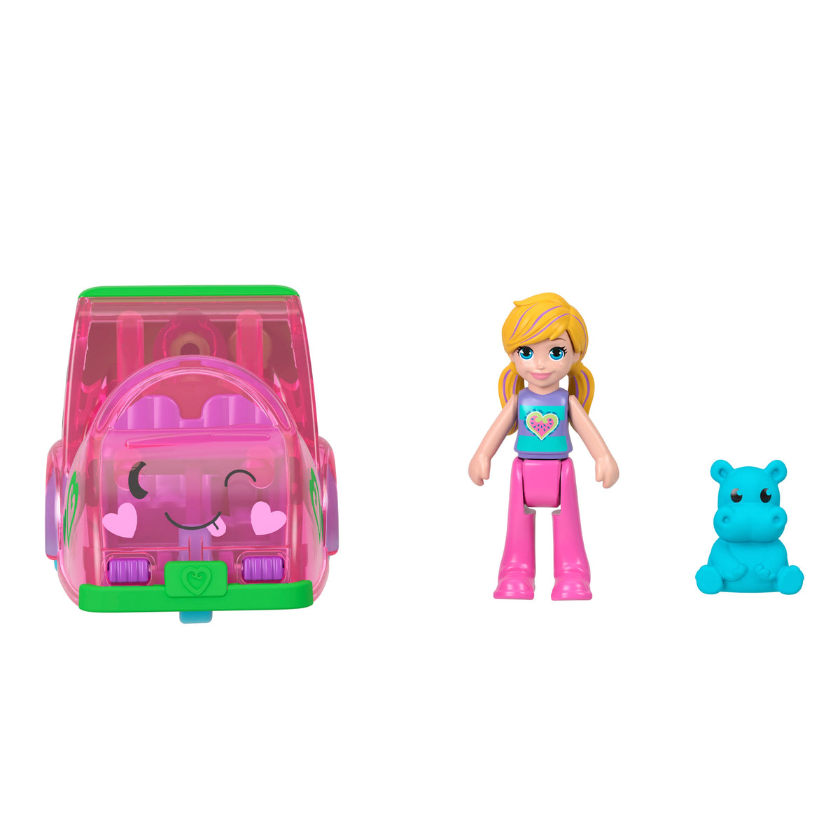 Polly Pocket Muhteşem Araçlar Karpuz Arabası, Mini Bebek, Su Aygırı Figürü ve Metal Araç