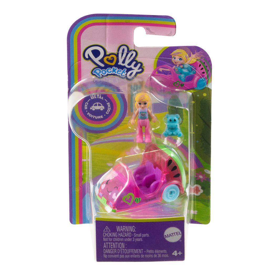 Polly Pocket Muhteşem Araçlar Karpuz Arabası, Mini Bebek, Su Aygırı Figürü ve Metal Araç