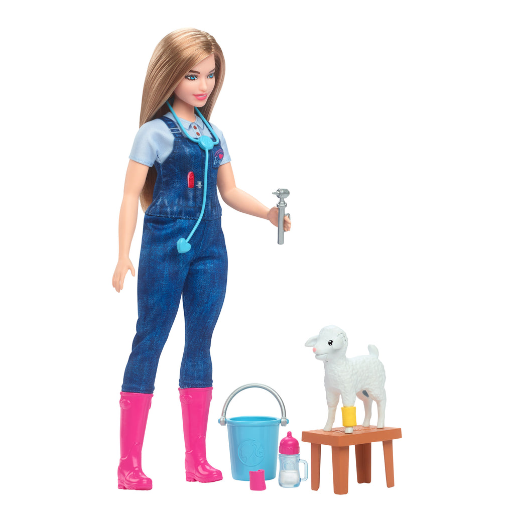 Barbie 65. Yıl Dönümü Kariyer Koleksiyonu Çiftlik Veterineri bebek ve kulakları hareket eden kuzu dahil 10 aksesuar
