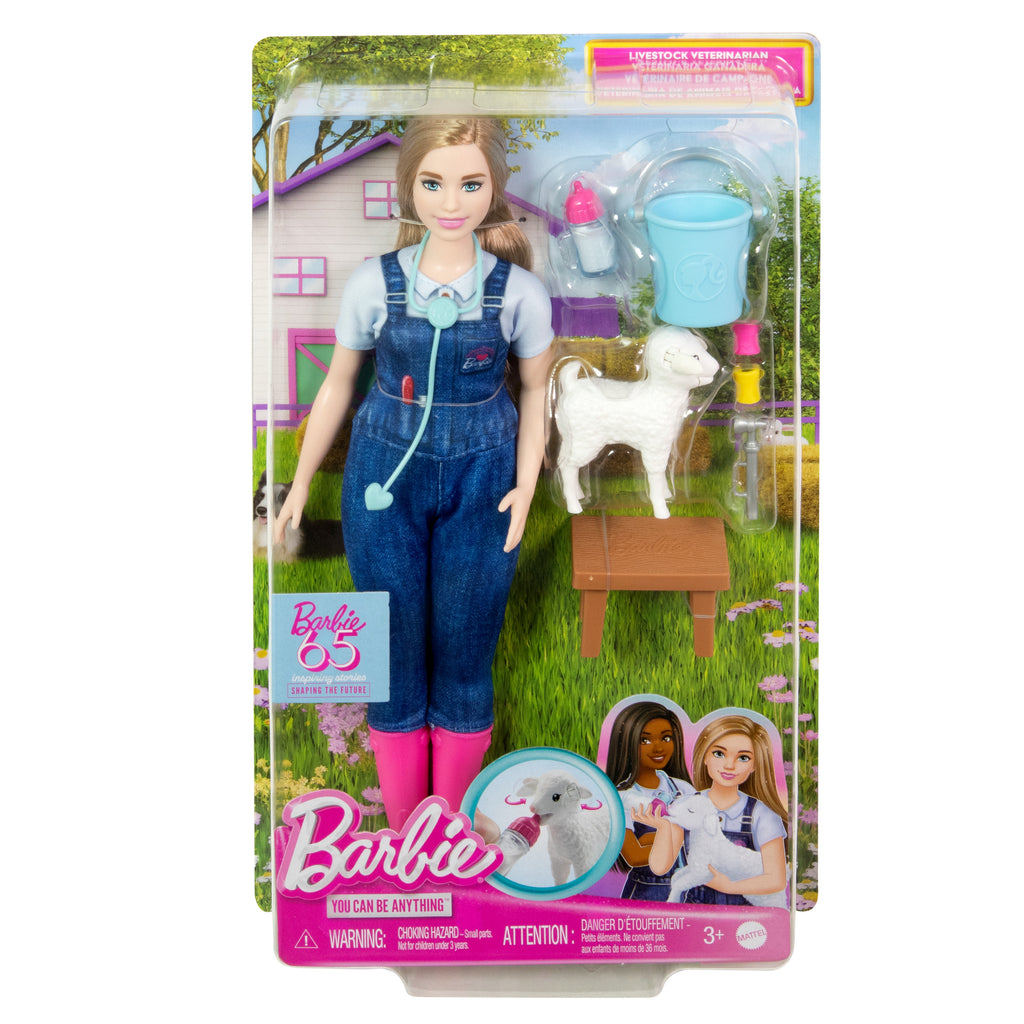 Barbie 65. Yıl Dönümü Kariyer Koleksiyonu Çiftlik Veterineri bebek ve kulakları hareket eden kuzu dahil 10 aksesuar