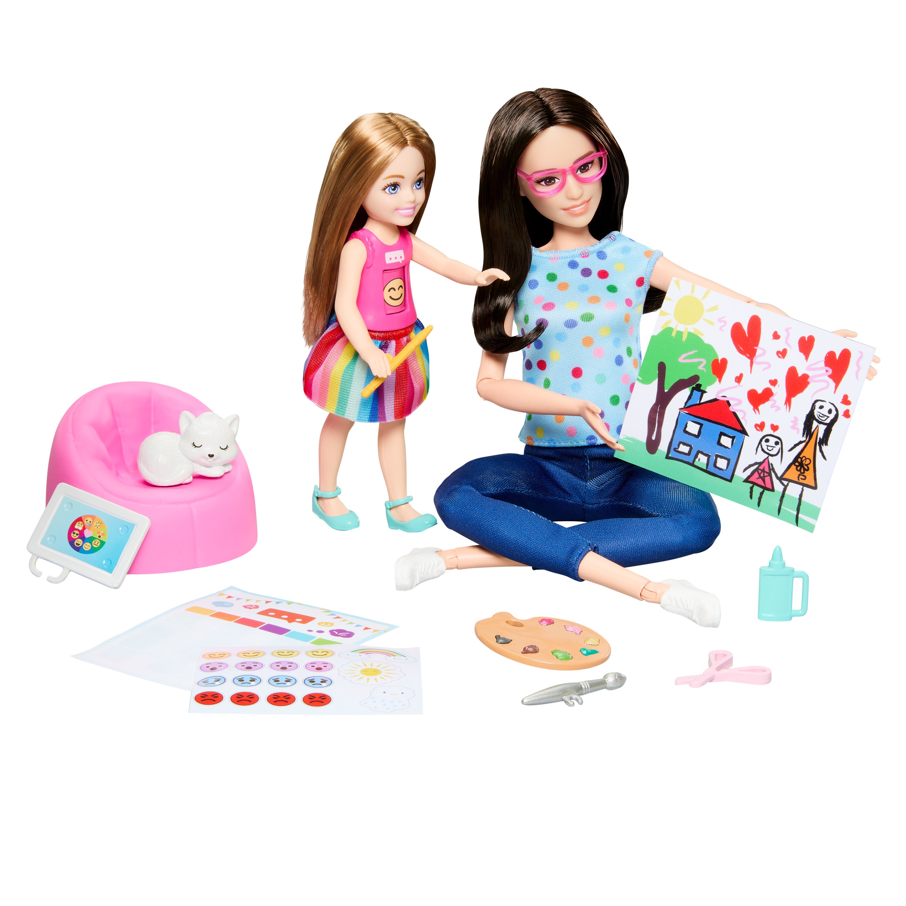 2 bebek, evcil hayvan ve aksesuarlar, dönen emojili tişört giyen minik bebek dahil Barbie sanat terapisi oyun seti