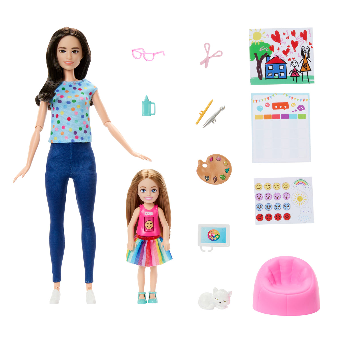 2 bebek, evcil hayvan ve aksesuarlar, dönen emojili tişört giyen minik bebek dahil Barbie sanat terapisi oyun seti