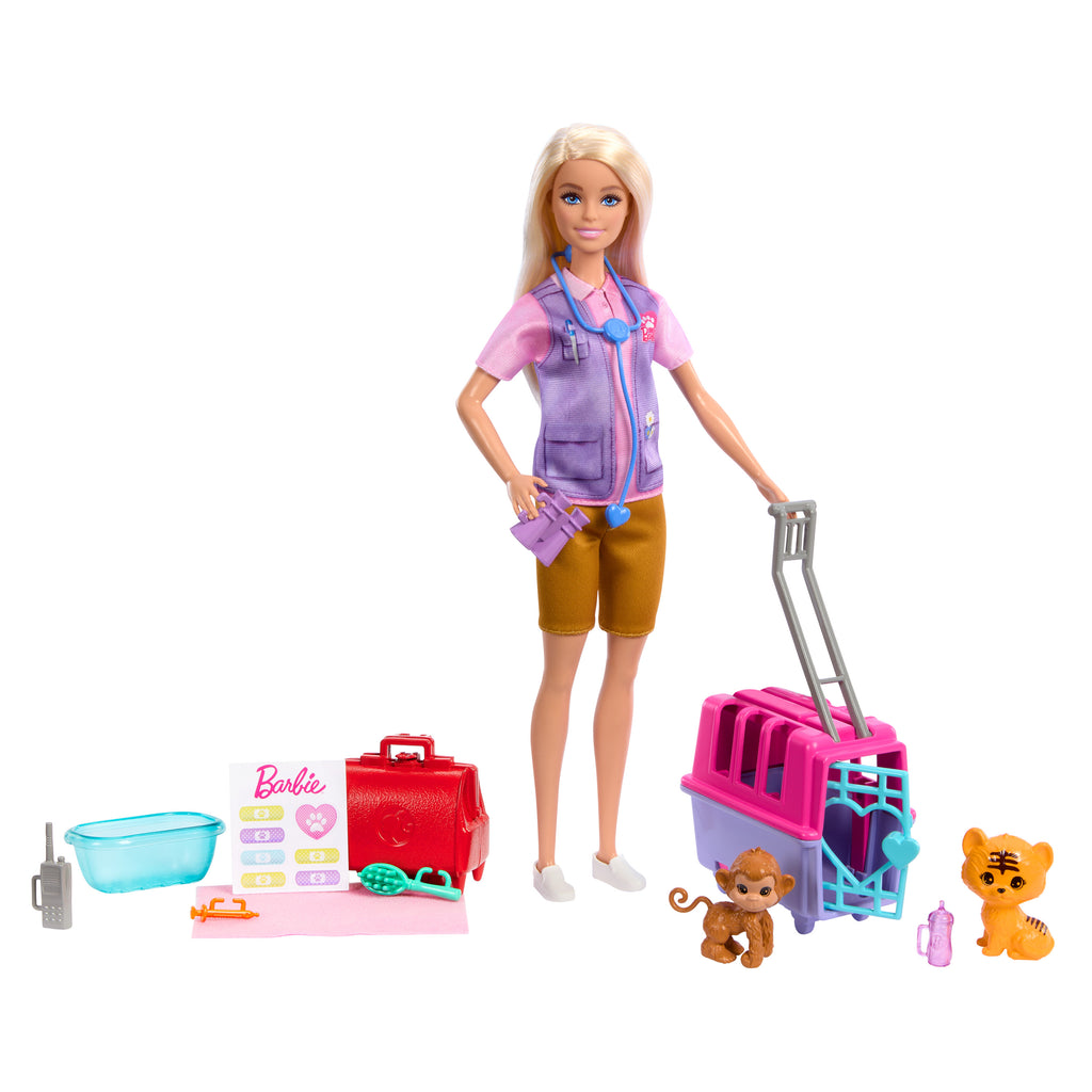 Sarışın bebek, 2 hayan figürü ve aksesuarlar dahil Barbie Hayvan Kurtarma ve İyileştirme oyun seti