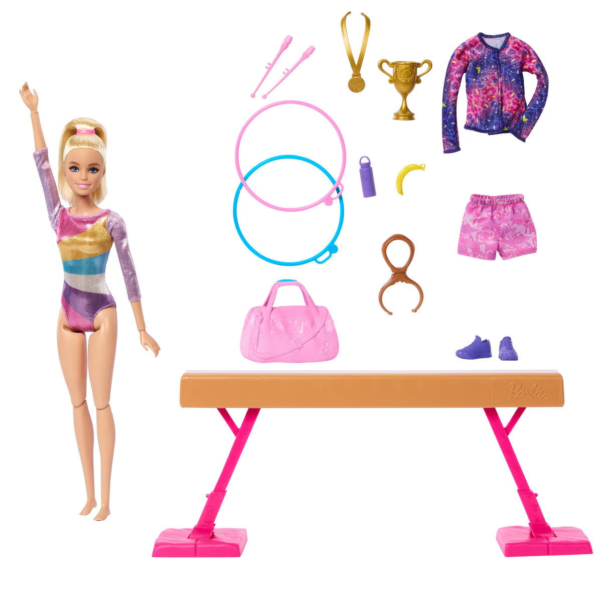 Barbie Jimnastik Oyun Seti; giysili sarışın bebek, denge aleti, 10'dan fazla aksesuar ve çevirme klipsi