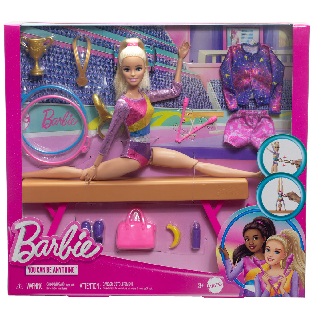 Barbie Jimnastik Oyun Seti; giysili sarışın bebek, denge aleti, 10'dan fazla aksesuar ve çevirme klipsi
