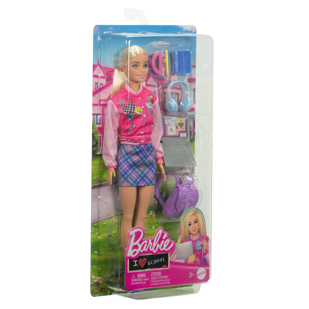 Barbie Okulumu Seviyorum oyuncak seti, 7 aksesuar ve çıkarılabilir kıyafetler giyen sarı saçlı Barbie bebek