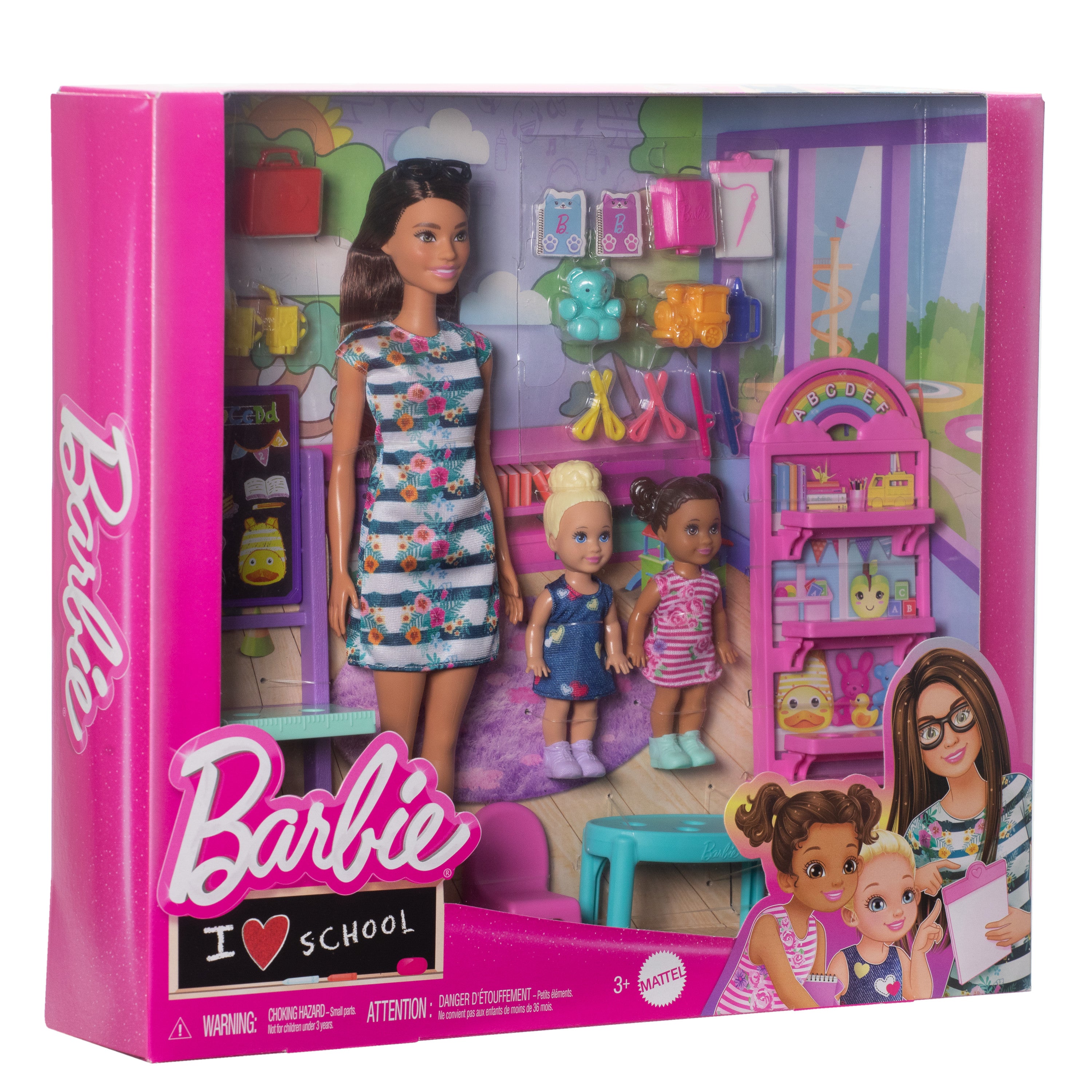 Bir yetişkin ve iki küçük bebek ile 20'den fazla aksesuardan oluşan Barbie Okulumu Seviyorum oyun seti