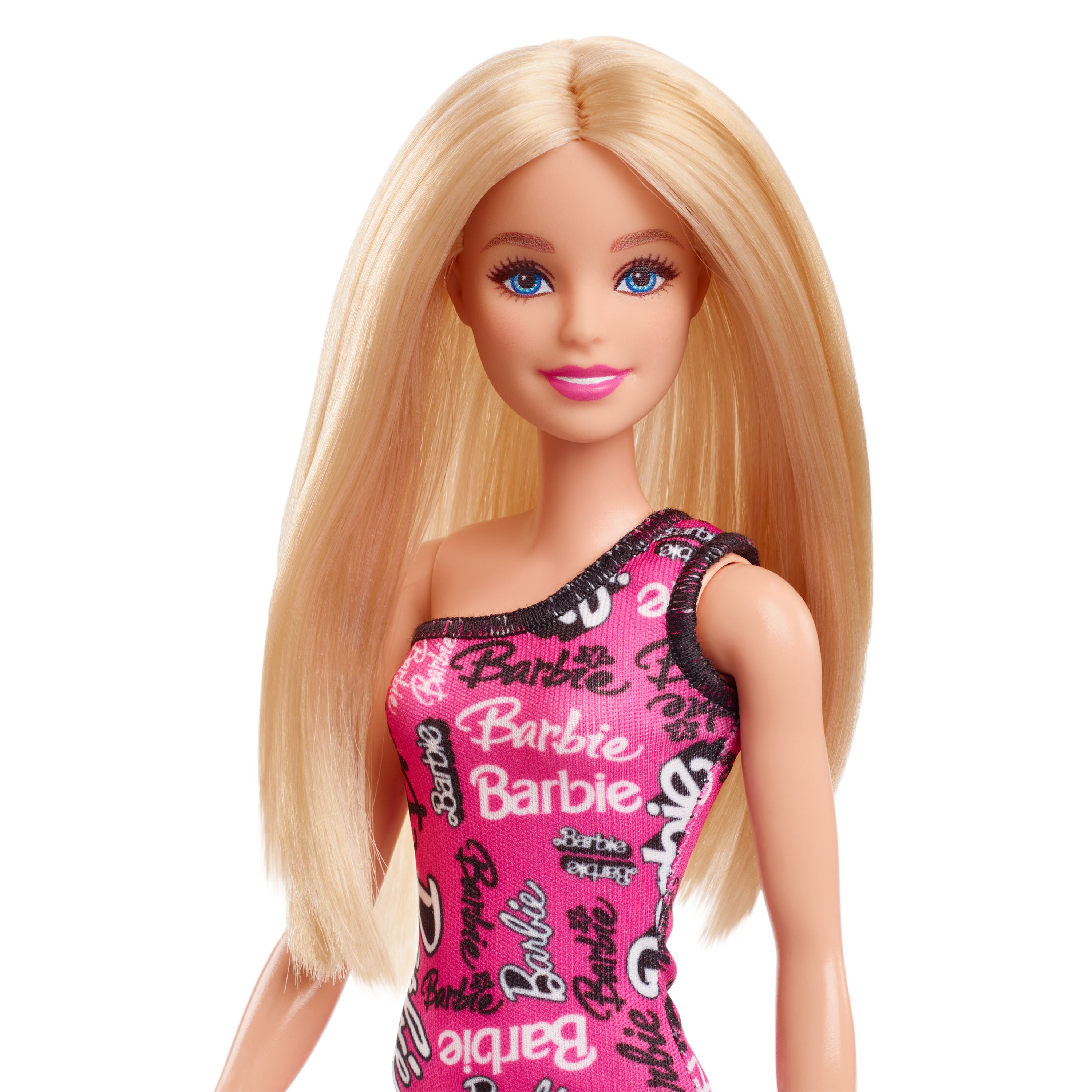 Çıkarılabilir pembe elbisesi ve logo baskılı ayakkabılarıyla düz sarı saçlı Barbie bebek