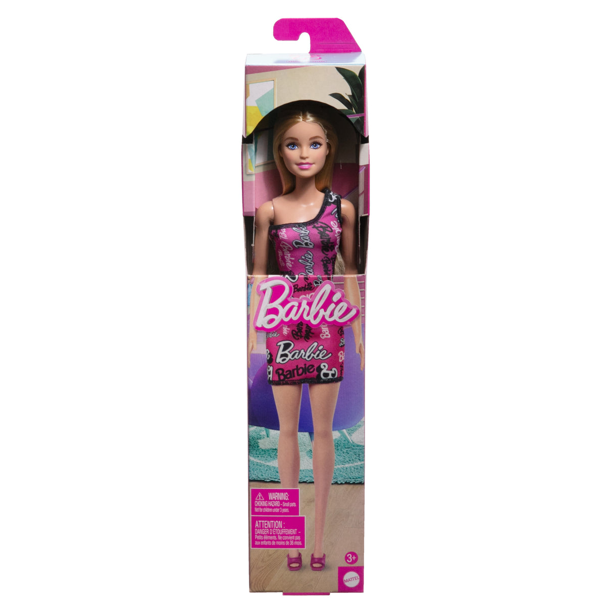 Çıkarılabilir pembe elbisesi ve logo baskılı ayakkabılarıyla düz sarı saçlı Barbie bebek
