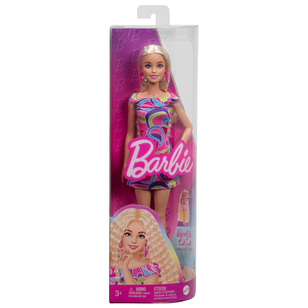 Barbie Fashionistas Bebek #223 – Uzun Sarı Saçlı, Renkli Elbiseli, 65. Yıl Dönümü Serisi