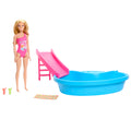 Barbie bebek ve havuz oyun seti, sarışın bebek, havuz, kaydırak, havlu ve içecek aksesuarları