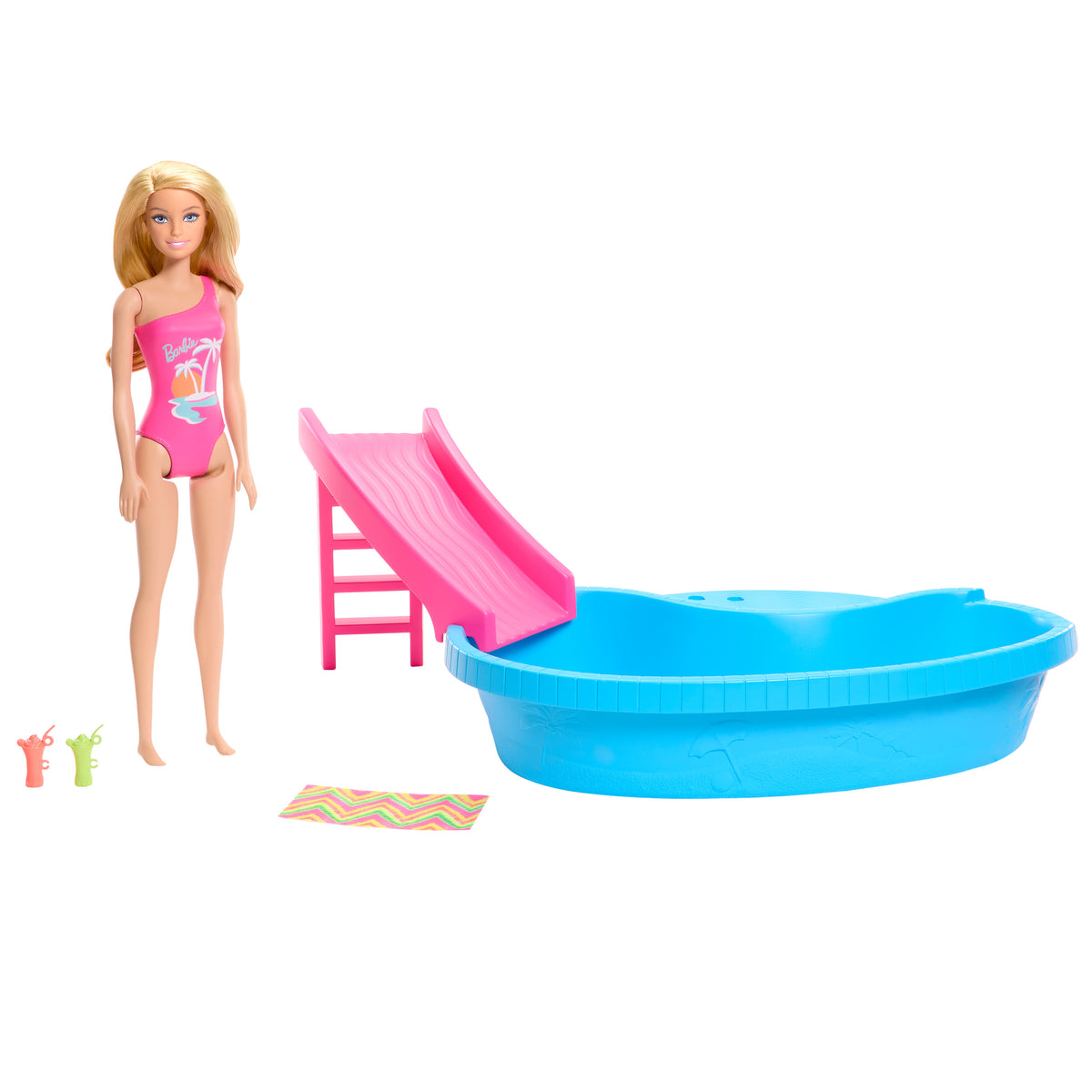 Barbie bebek ve havuz oyun seti, sarışın bebek, havuz, kaydırak, havlu ve içecek aksesuarları