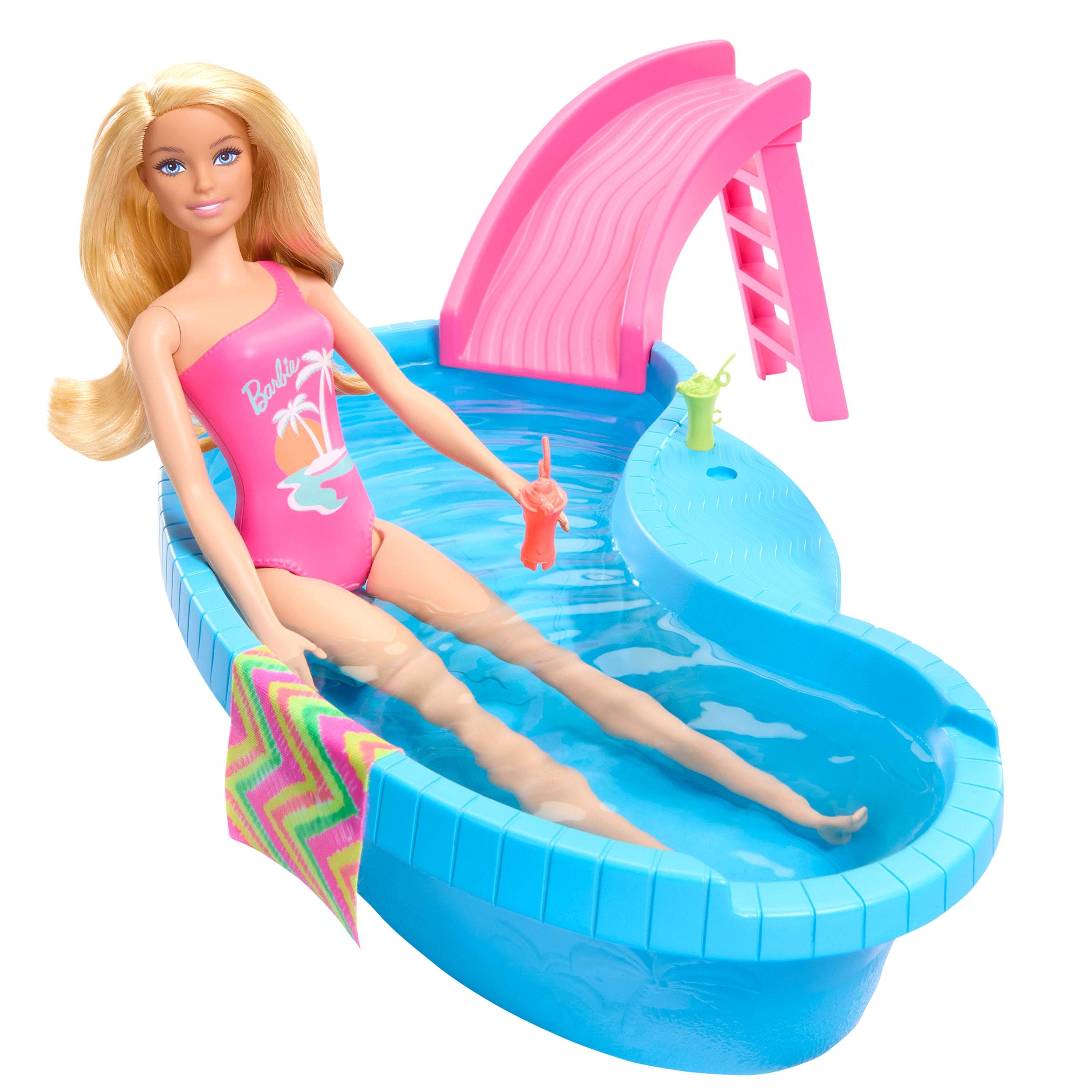 Barbie bebek ve havuz oyun seti, sarışın bebek, havuz, kaydırak, havlu ve içecek aksesuarları
