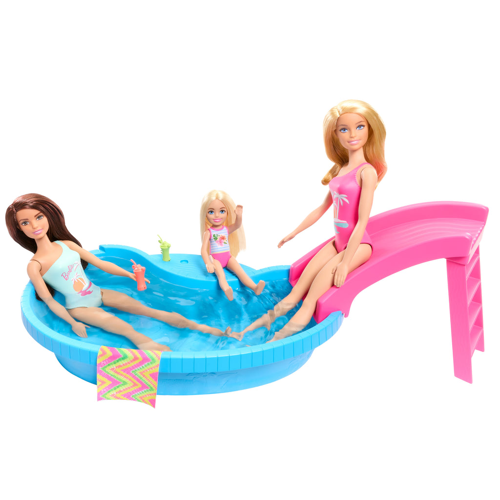 Barbie bebek ve havuz oyun seti, sarışın bebek, havuz, kaydırak, havlu ve içecek aksesuarları