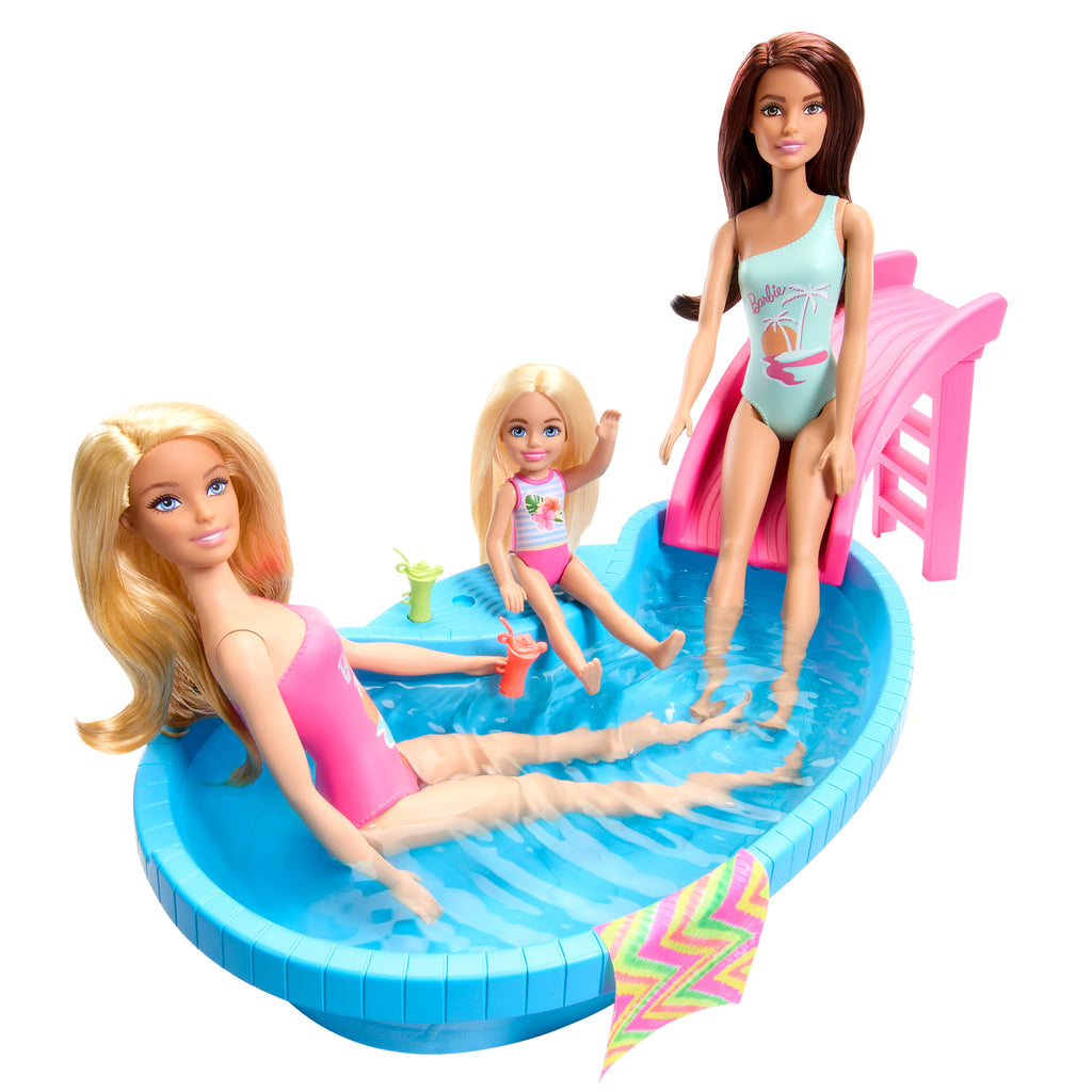 Barbie bebek ve havuz oyun seti, sarışın bebek, havuz, kaydırak, havlu ve içecek aksesuarları