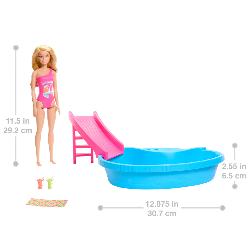 Barbie bebek ve havuz oyun seti, sarışın bebek, havuz, kaydırak, havlu ve içecek aksesuarları