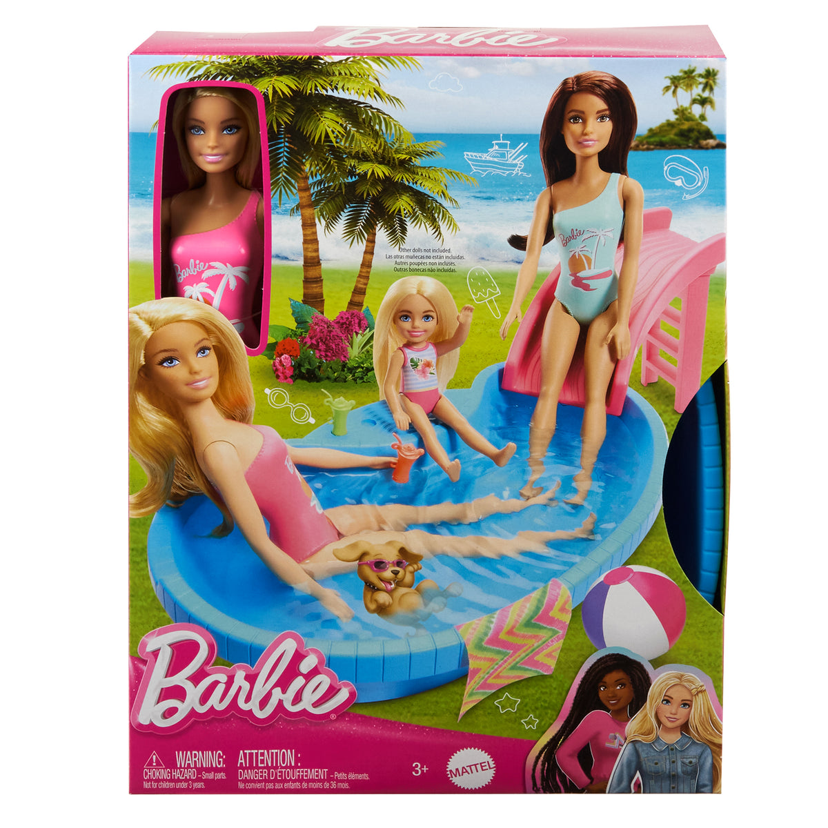 Barbie bebek ve havuz oyun seti, sarışın bebek, havuz, kaydırak, havlu ve içecek aksesuarları