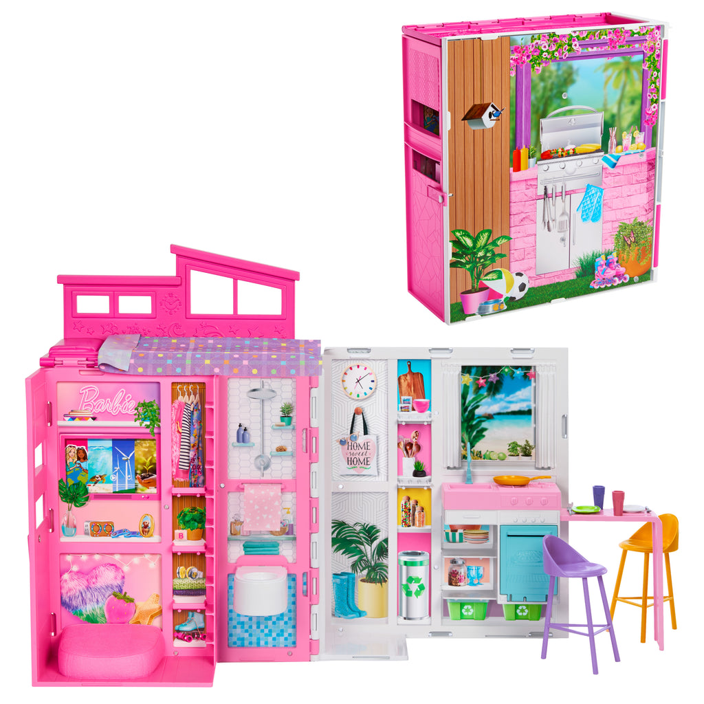 Barbie'nin Yeni Portatif Evi 2024, 4 oyun alanı ve 11 dekorasyon aksesuarı bulunan bebek evi oyun seti