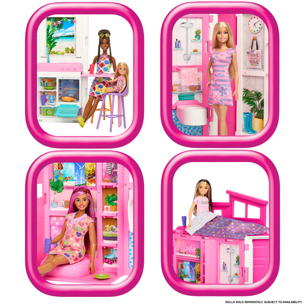 Barbie'nin Yeni Portatif Evi 2024, 4 oyun alanı ve 11 dekorasyon aksesuarı bulunan bebek evi oyun seti