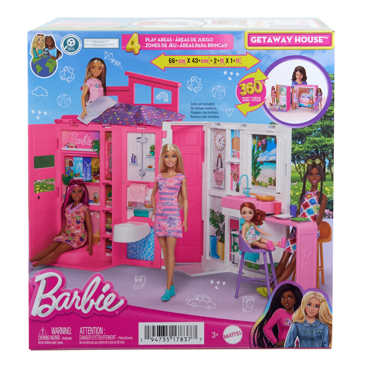 Barbie'nin Yeni Portatif Evi 2024, 4 oyun alanı ve 11 dekorasyon aksesuarı bulunan bebek evi oyun seti
