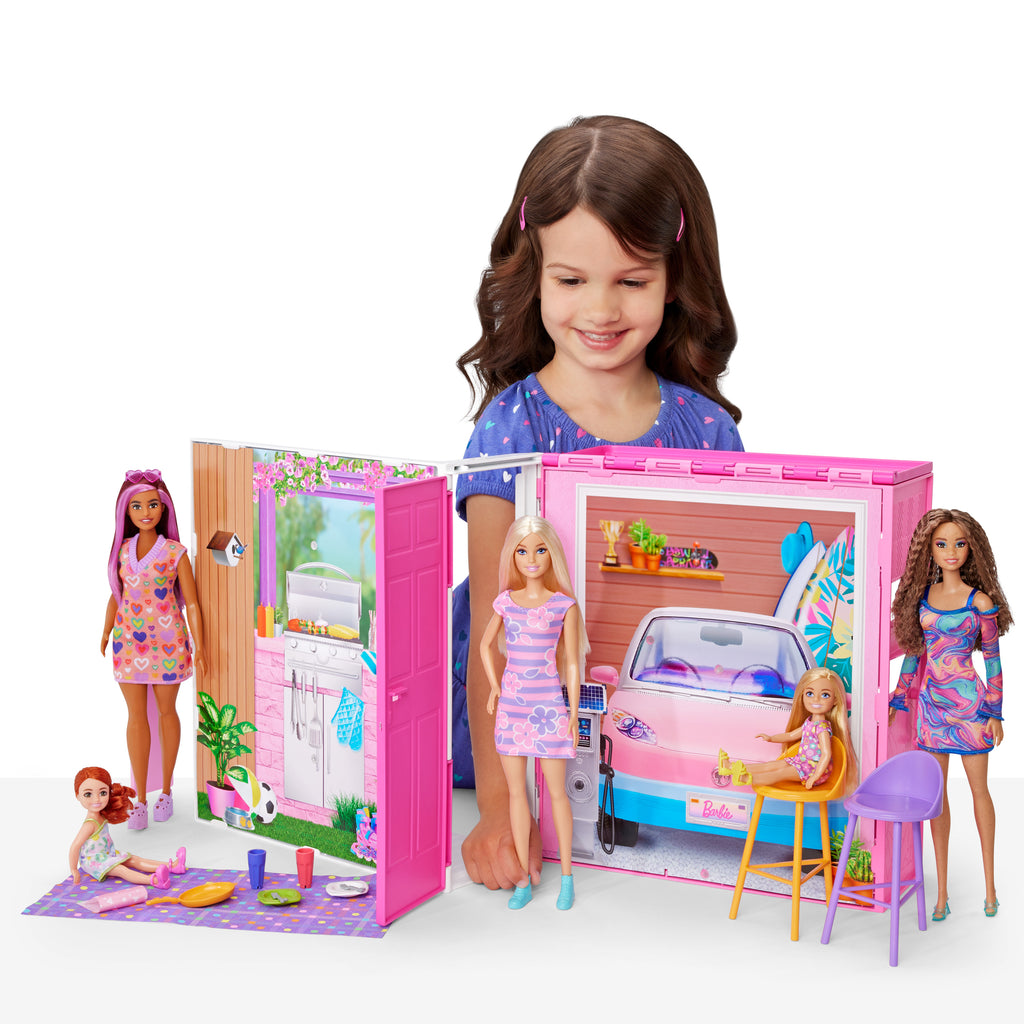 Barbie Portatif Tatil Evi ve Barbie bebek, 4 oyun alanı ve 11 dekorasyon aksesuarı