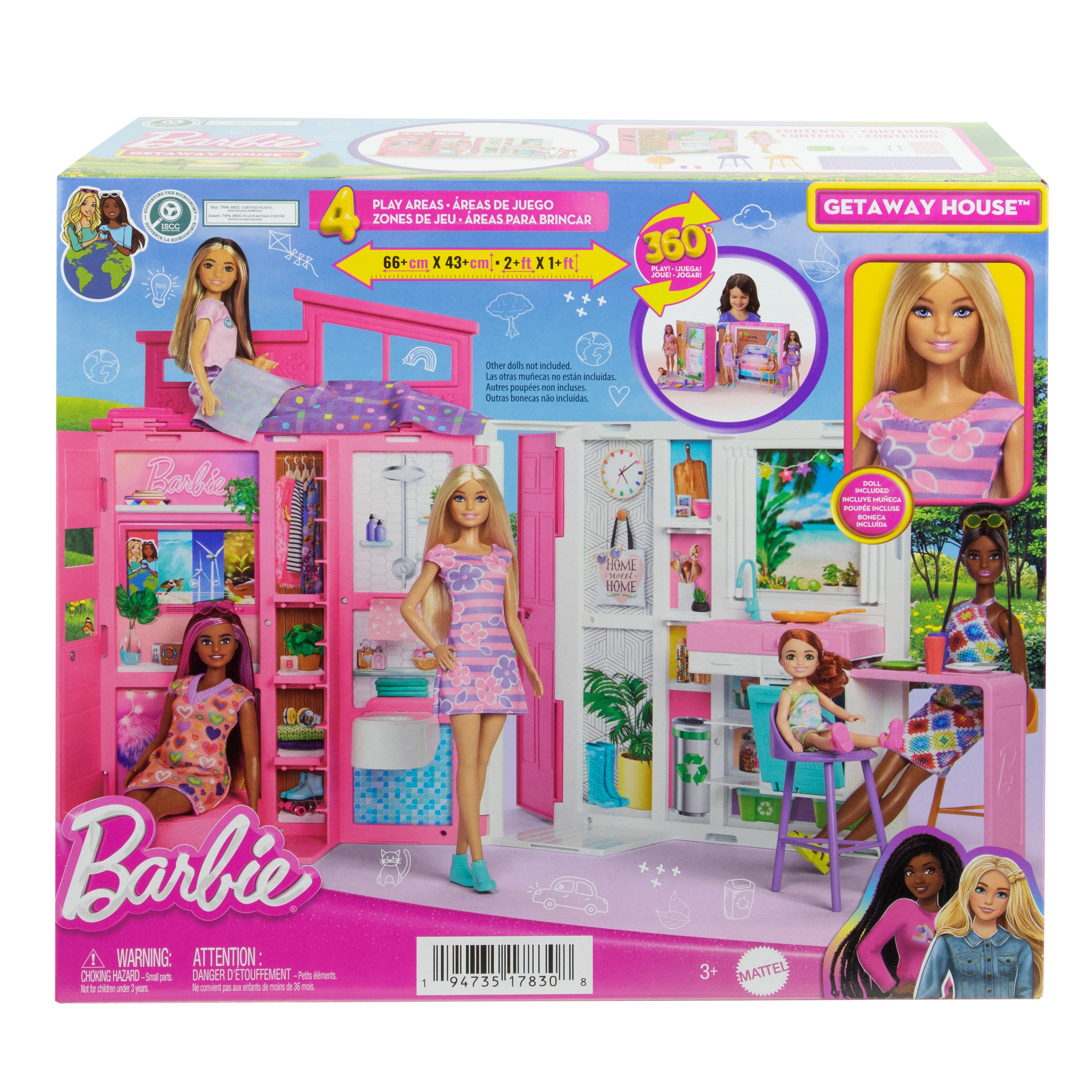 Barbie Portatif Tatil Evi ve Barbie bebek, 4 oyun alanı ve 11 dekorasyon aksesuarı