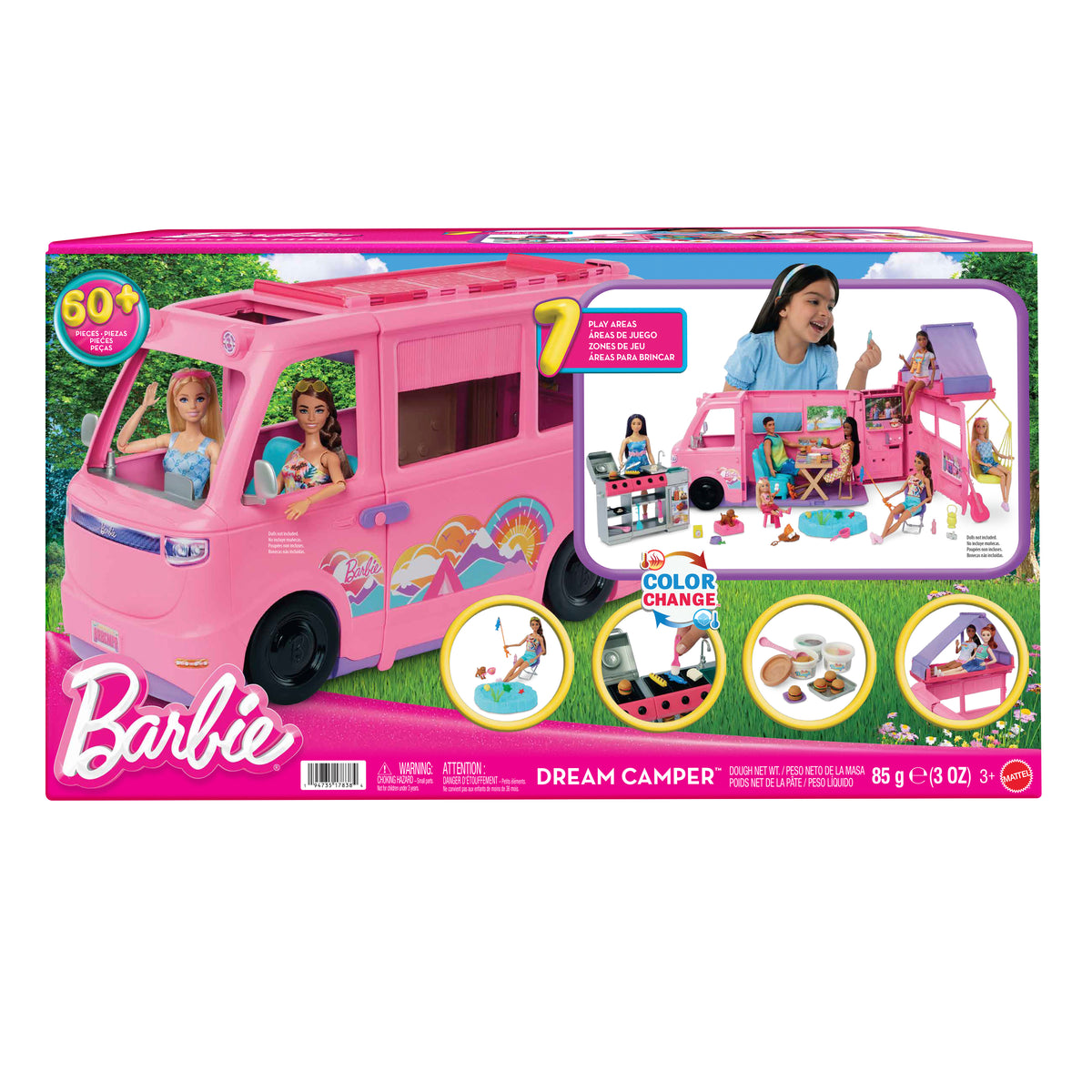Tavan çadırı, renk değişimi özellikli barbeküsü ve 60'tan fazla aksesuarıyla Barbie'nin Rüya Karavanı oyun seti