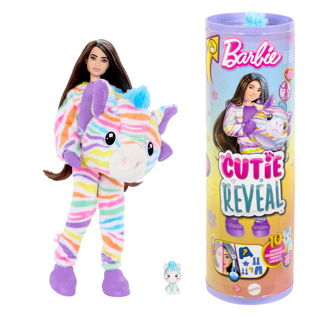 Barbie Cutie Reveal Büyüleyici Renkler Serisi Zebra Kostümlü Bebek, Aksesuarlar ve 10 Sürpriz