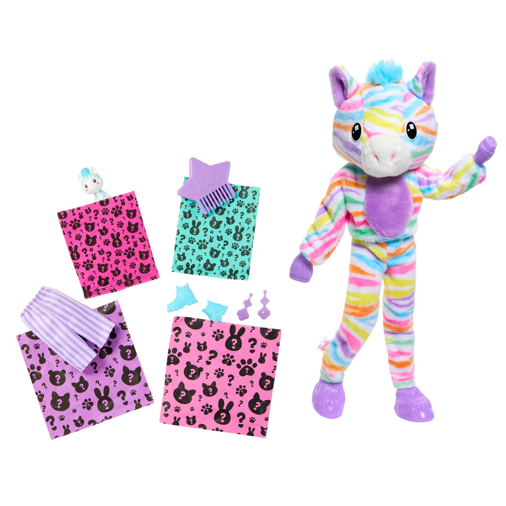 Barbie Cutie Reveal Büyüleyici Renkler Serisi Zebra Kostümlü Bebek, Aksesuarlar ve 10 Sürpriz