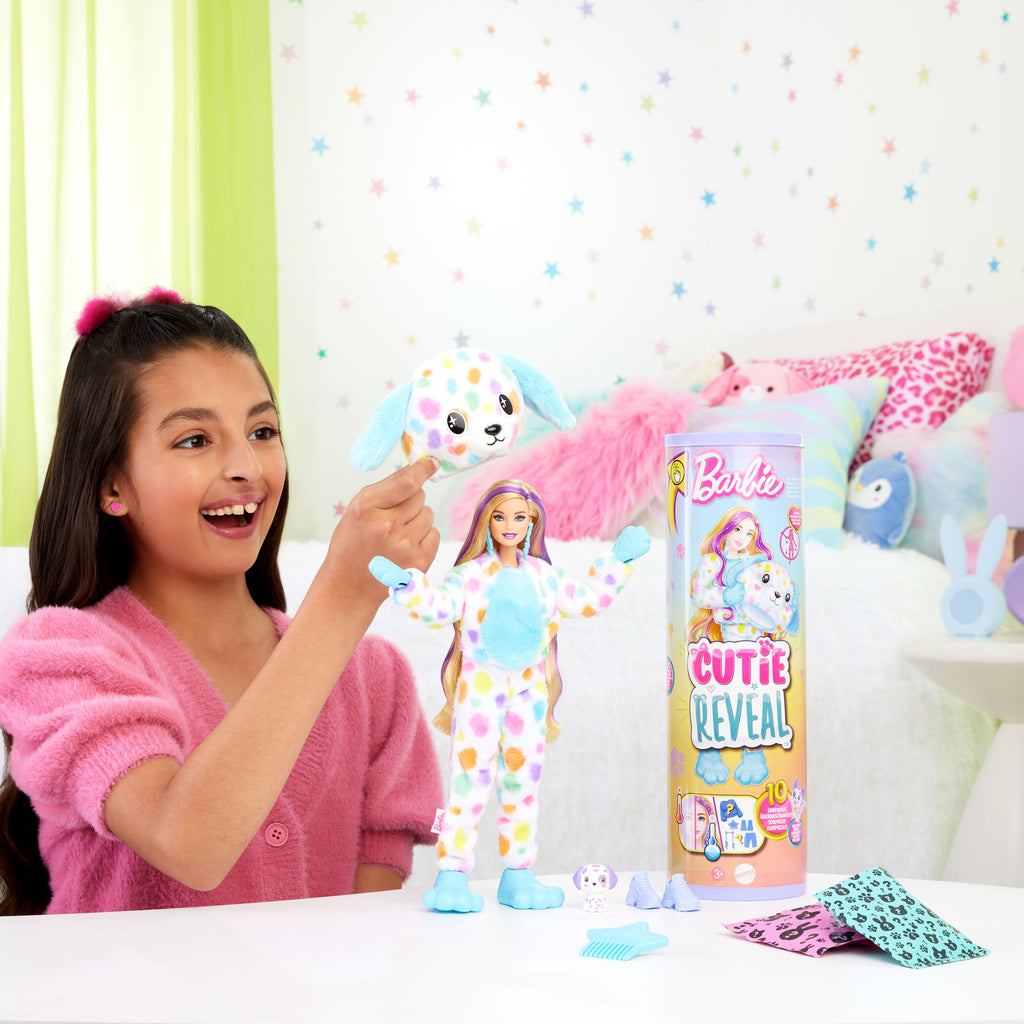Barbie Cutie Reveal Büyüleyici Renkler Serisi Dalmaçyalı Kostümlü Bebek ve 10 Sürpriz