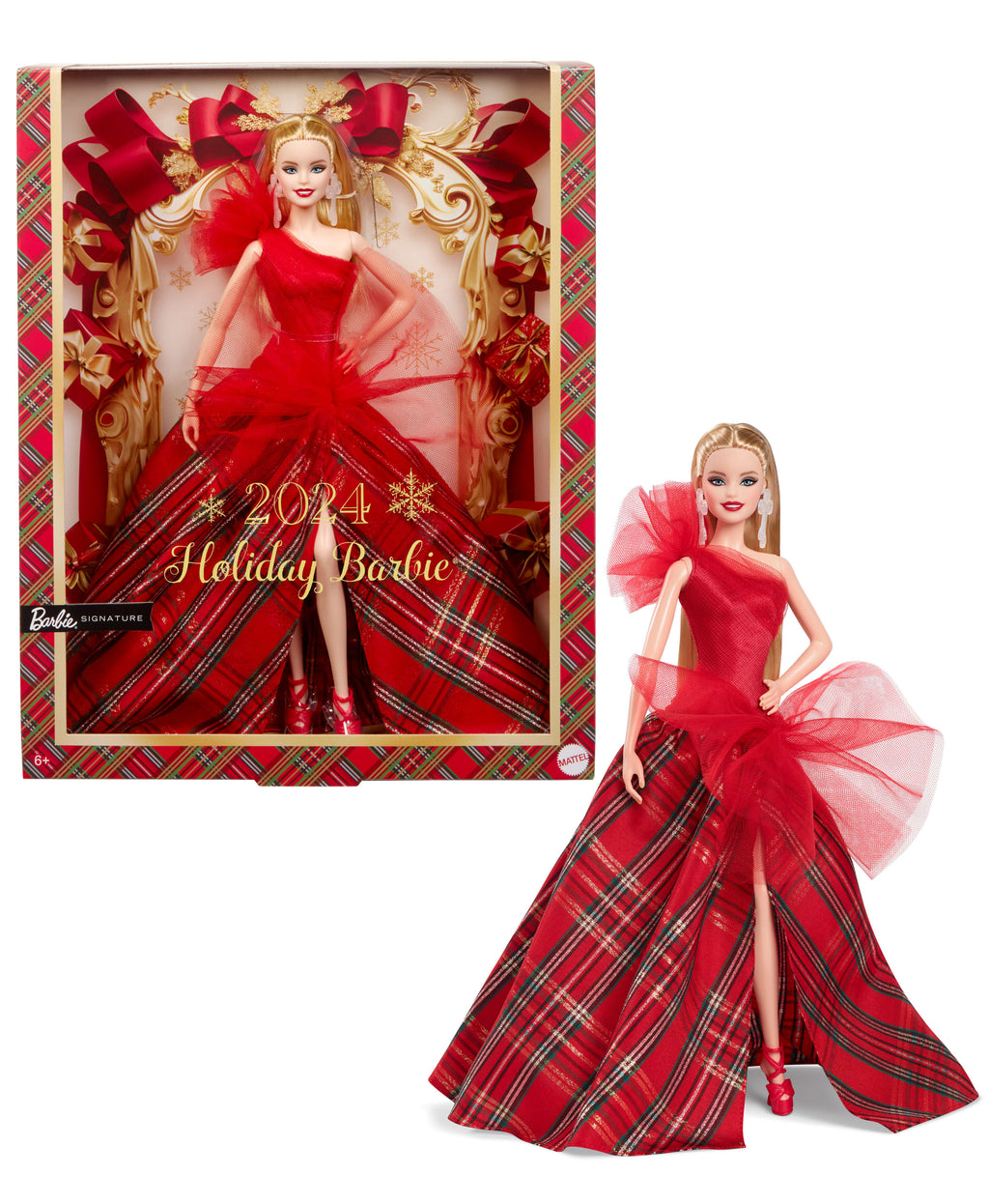 Barbie Signature 2024 Mutlu Yıllar Bebeği - Ekose Etekli Sarı Saçlı Sergilik Bebek