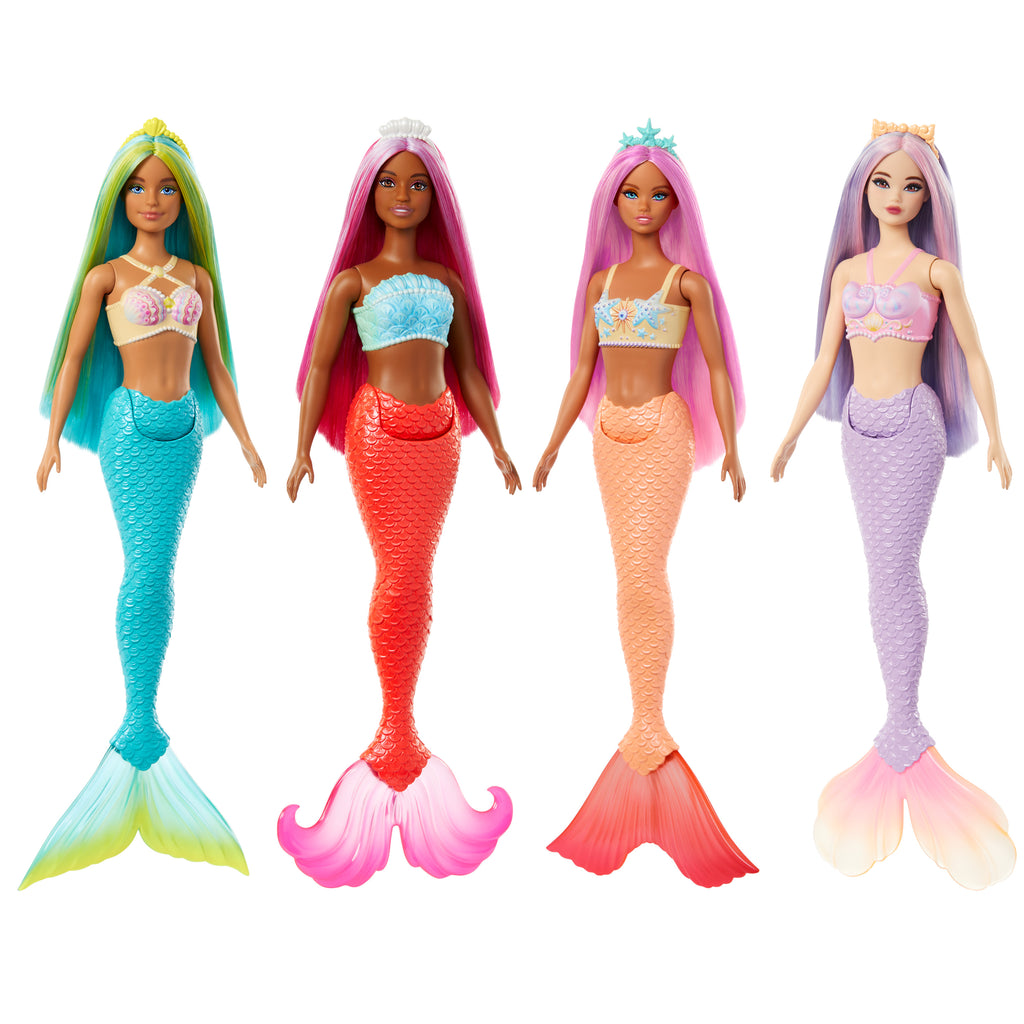 Rengarenk saçları, kuyrukları ve saç aksesuarlarıyla Barbie deniz kızı bebekler