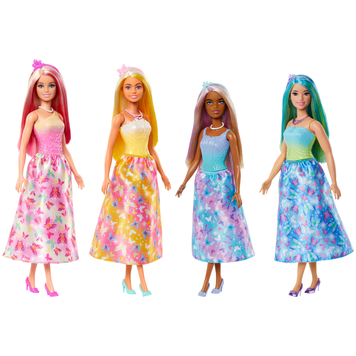 Renkli saçları, kelebek baskılı pembe etekleri ve aksesuarlarıyla Barbie Masal Dünyası bebekleri