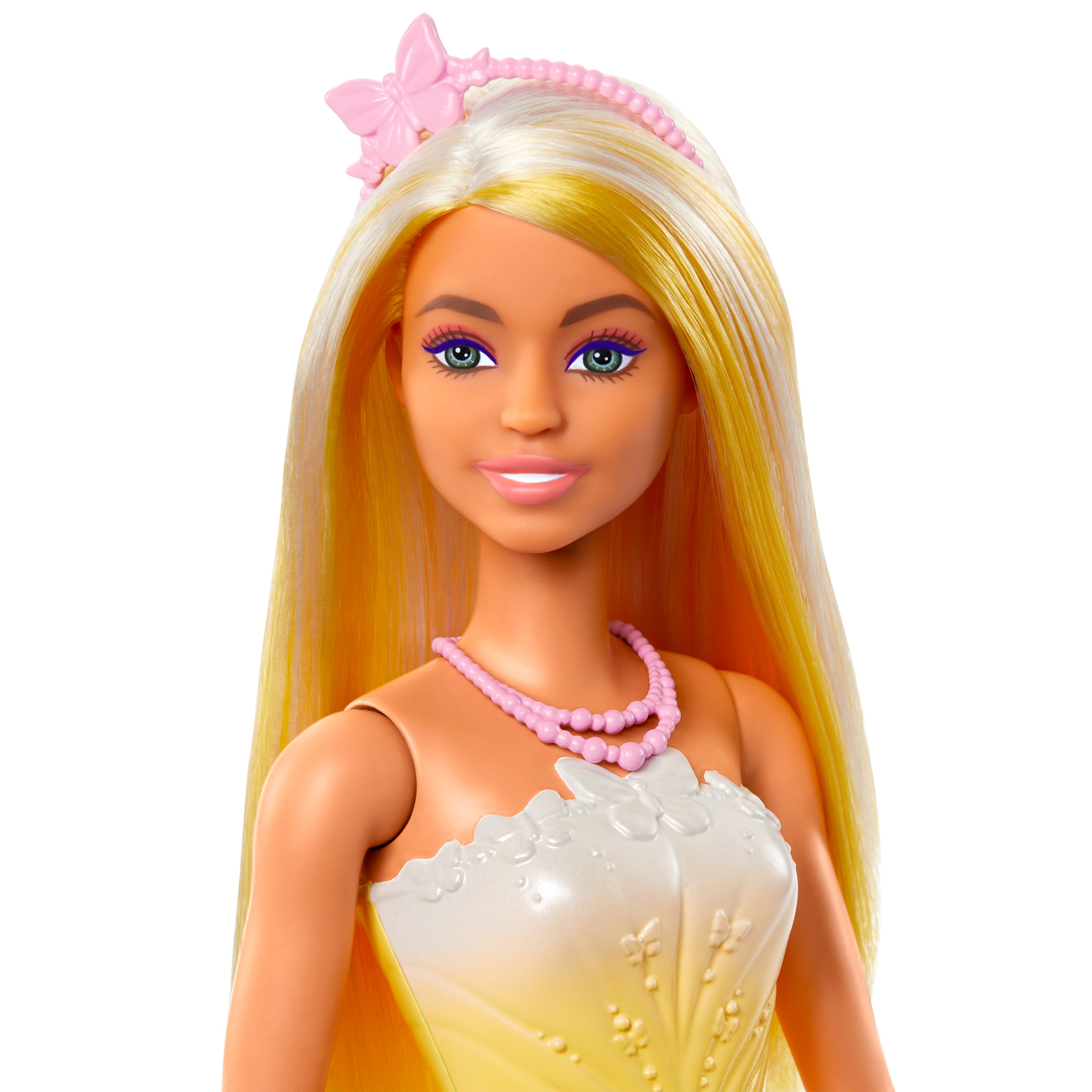 Renkli saçları, kelebek baskılı pembe etekleri ve aksesuarlarıyla Barbie Masal Dünyası bebekleri