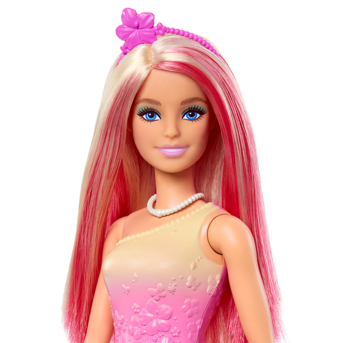 Renkli saçları, kelebek baskılı pembe etekleri ve aksesuarlarıyla Barbie Masal Dünyası bebekleri