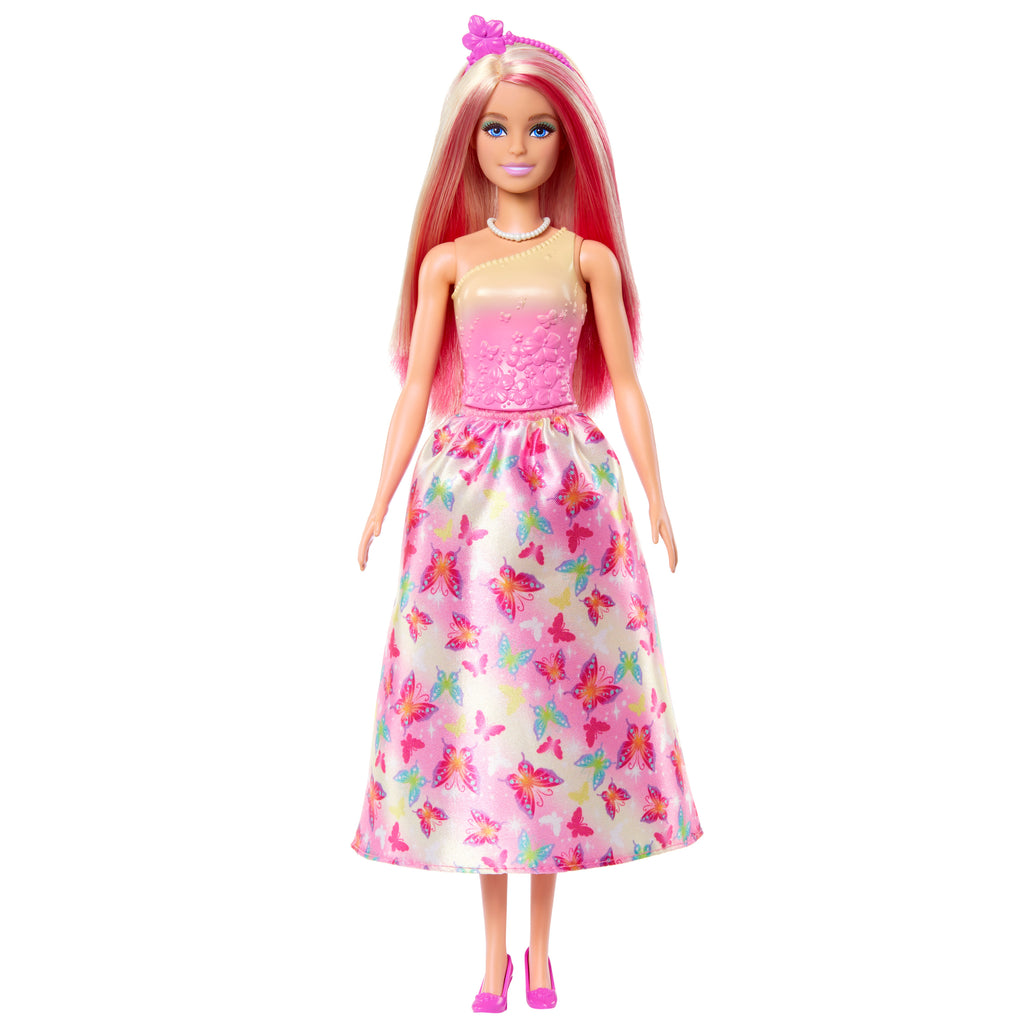 Renkli saçları, kelebek baskılı pembe etekleri ve aksesuarlarıyla Barbie Masal Dünyası bebekleri