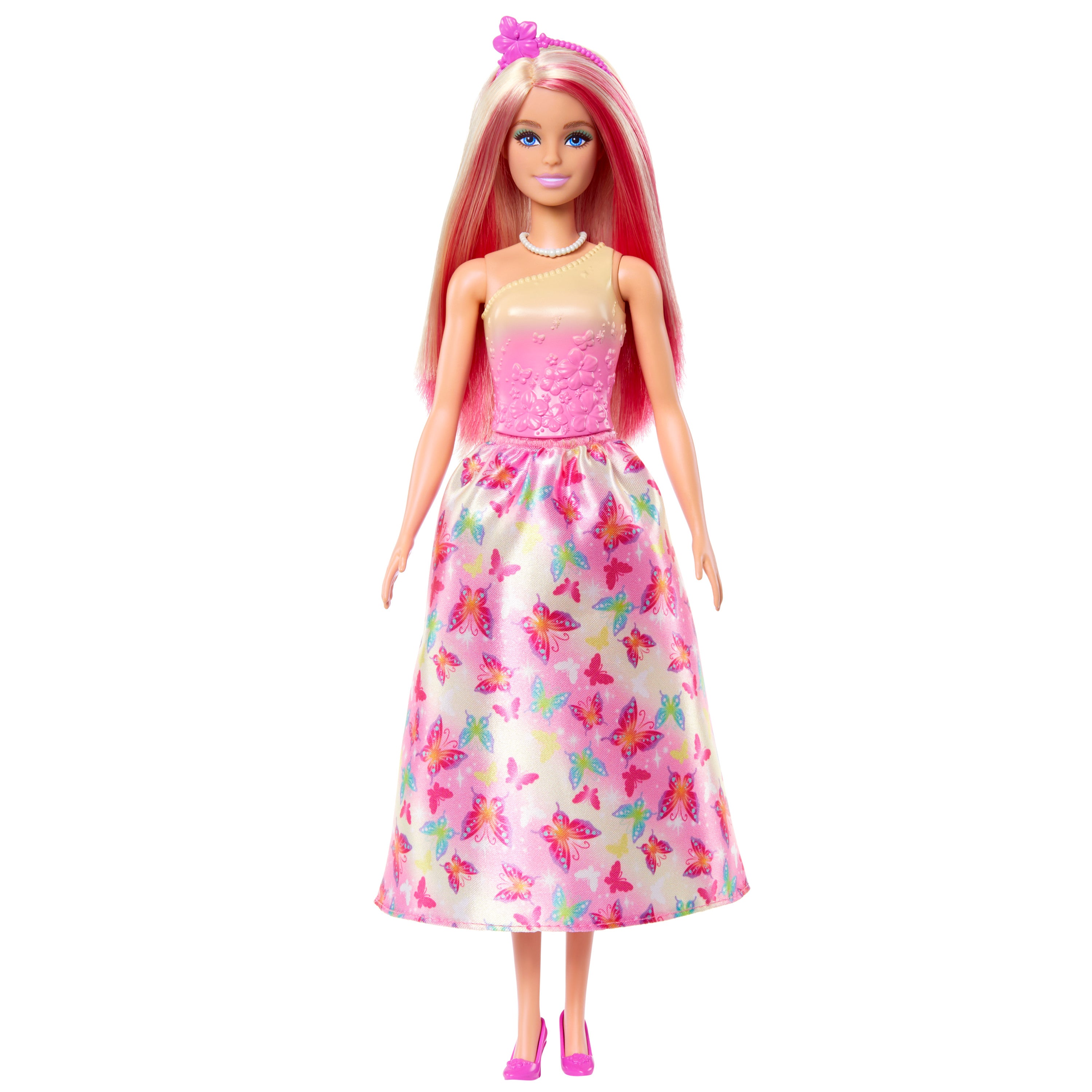 Renkli saçları, kelebek baskılı pembe etekleri ve aksesuarlarıyla Barbie Masal Dünyası bebekleri