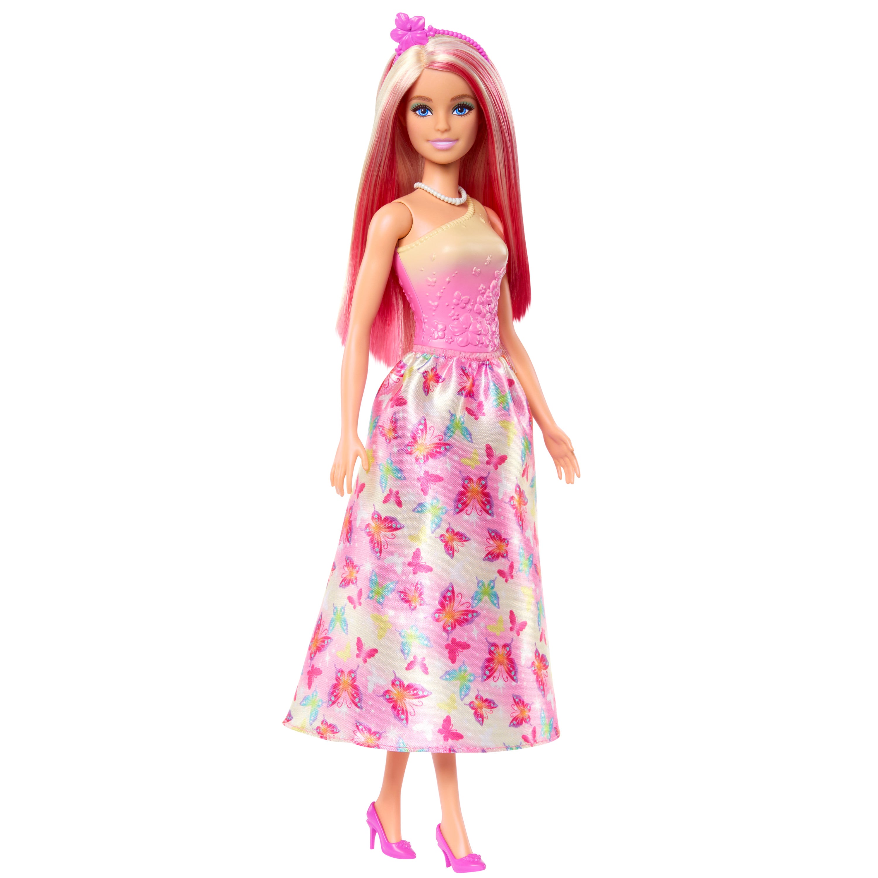 Pembe ve sarı saçları, kelebek baskılı eteği ve aksesuarlarıyla Barbie Prenses Bebek