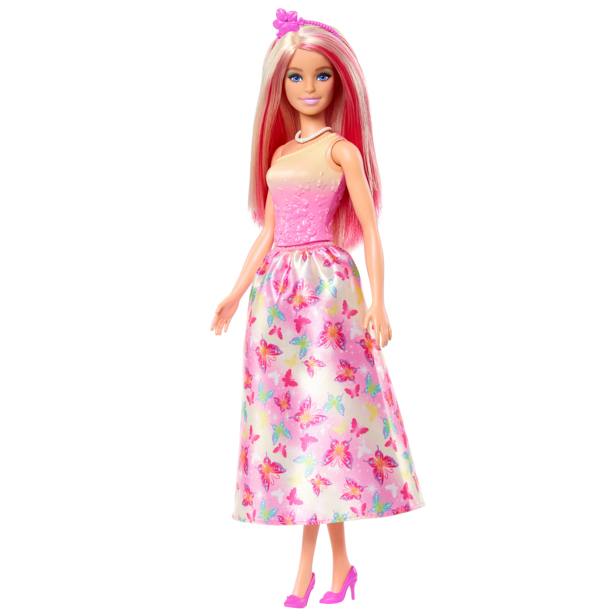 Pembe ve sarı saçları, kelebek baskılı eteği ve aksesuarlarıyla Barbie Prenses Bebek