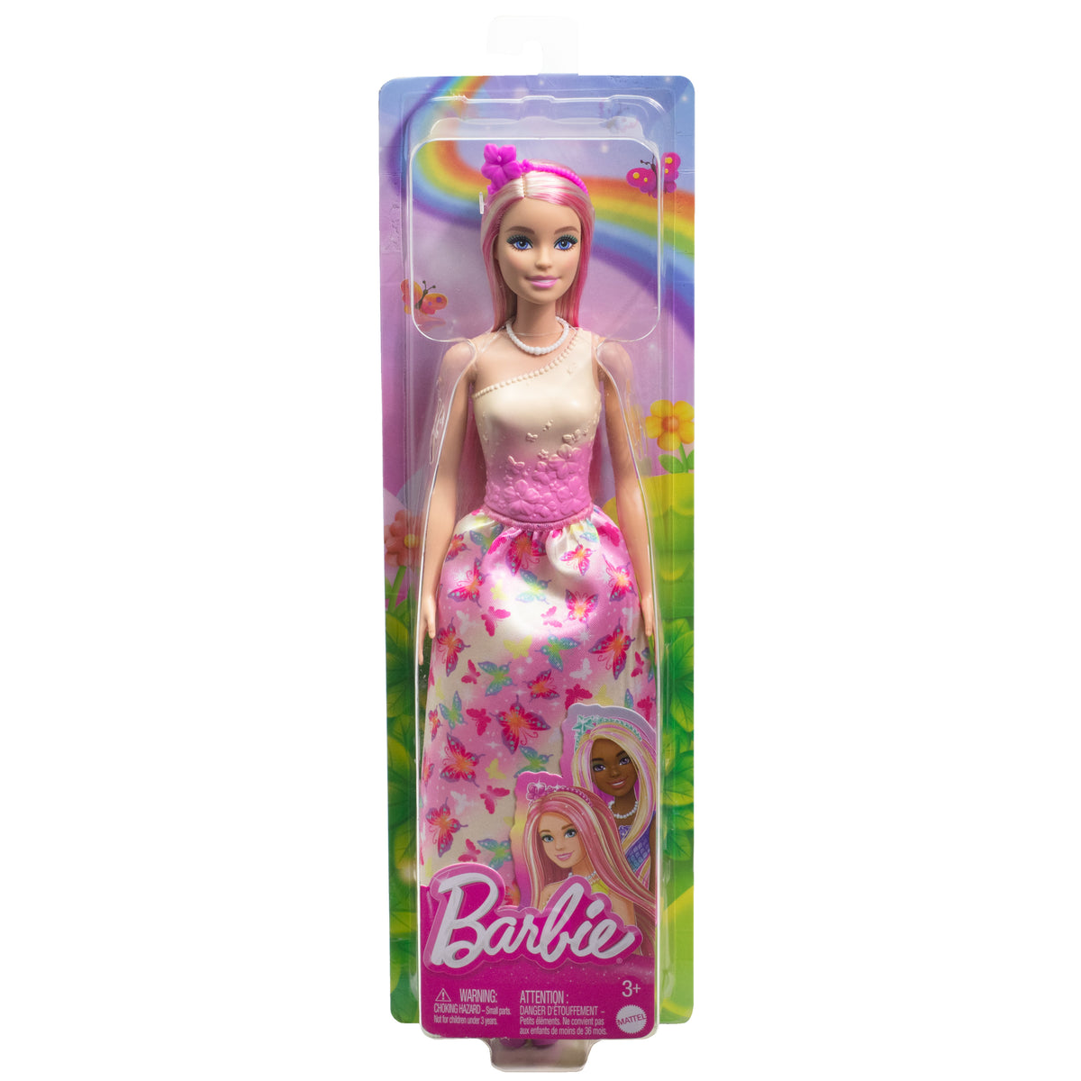 Pembe ve sarı saçları, kelebek baskılı eteği ve aksesuarlarıyla Barbie Prenses Bebek
