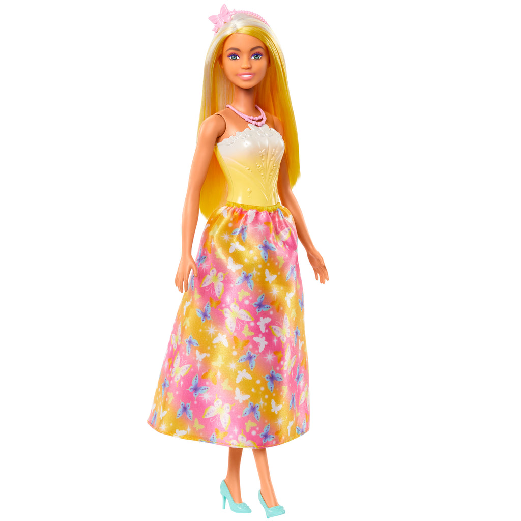 Parlak röfleli saçı, kelebek baskılı eteği ve aksesuarlarıyla Barbie Prenses Bebek