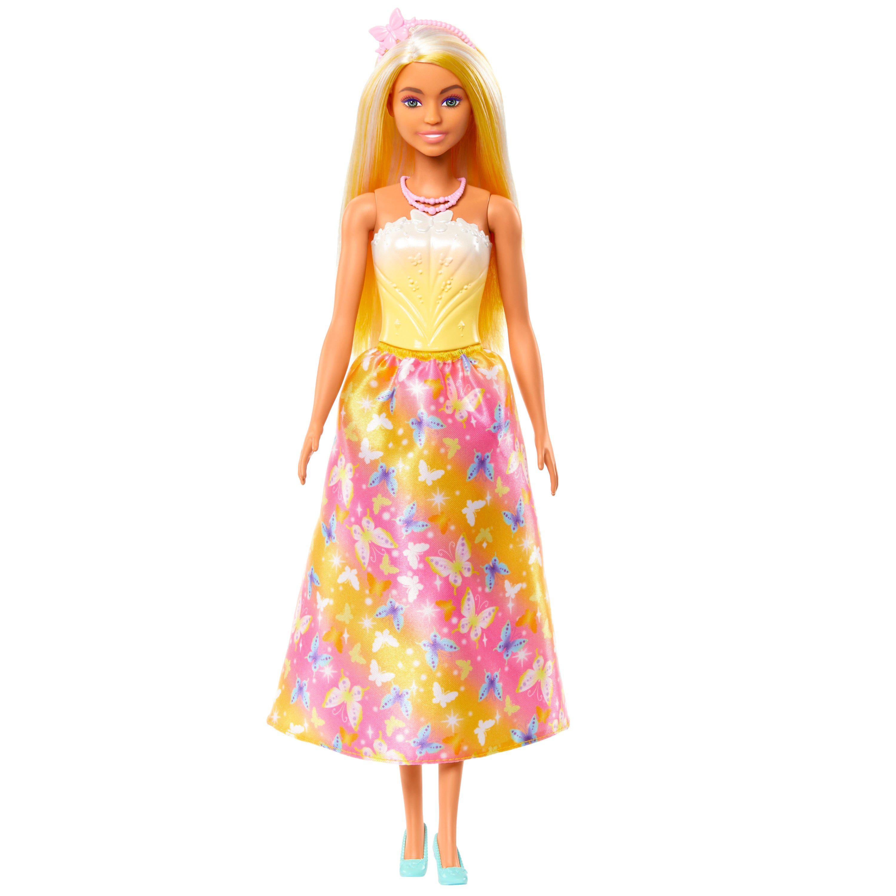 Parlak röfleli saçı, kelebek baskılı eteği ve aksesuarlarıyla Barbie Prenses Bebek