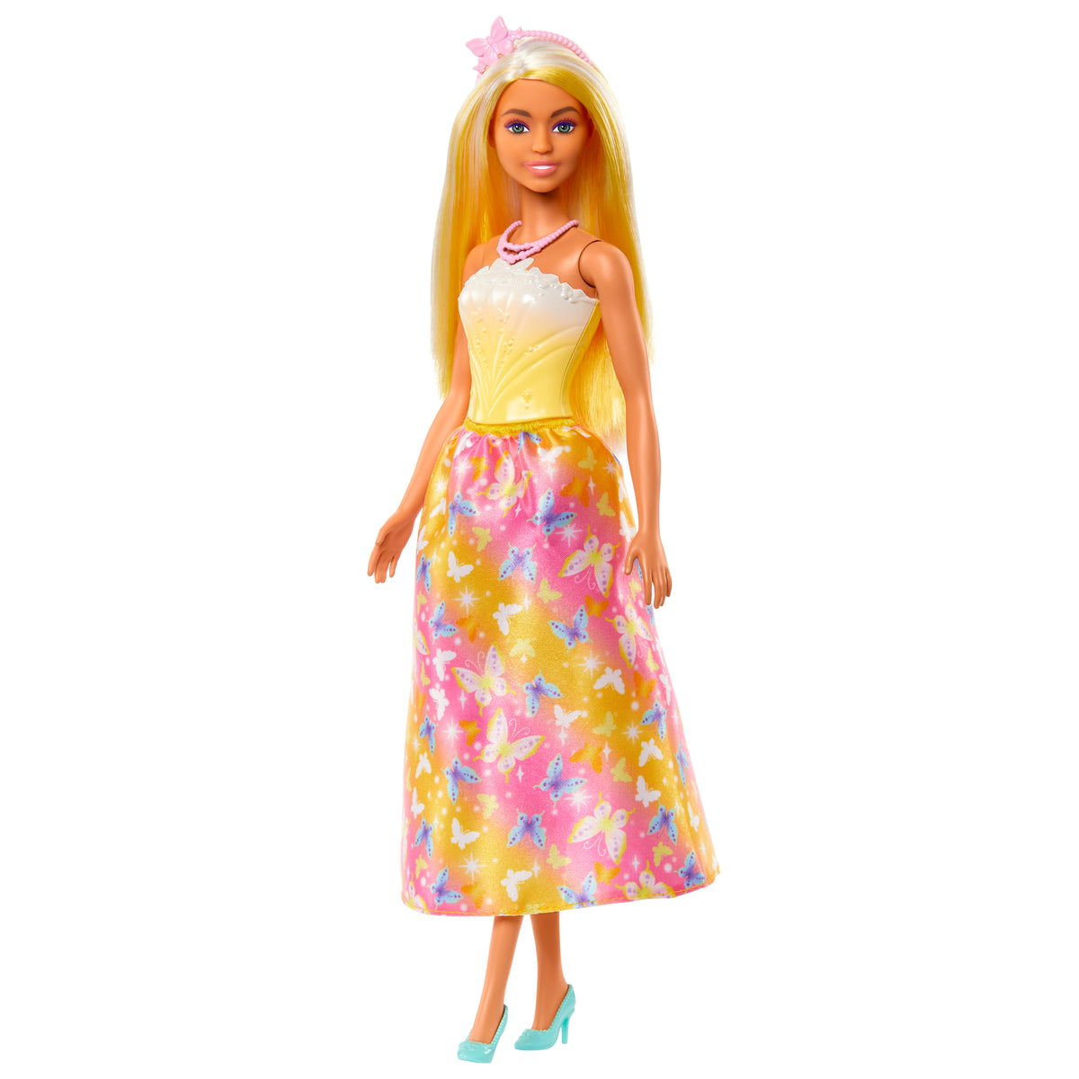 Parlak röfleli saçı, kelebek baskılı eteği ve aksesuarlarıyla Barbie Prenses Bebek