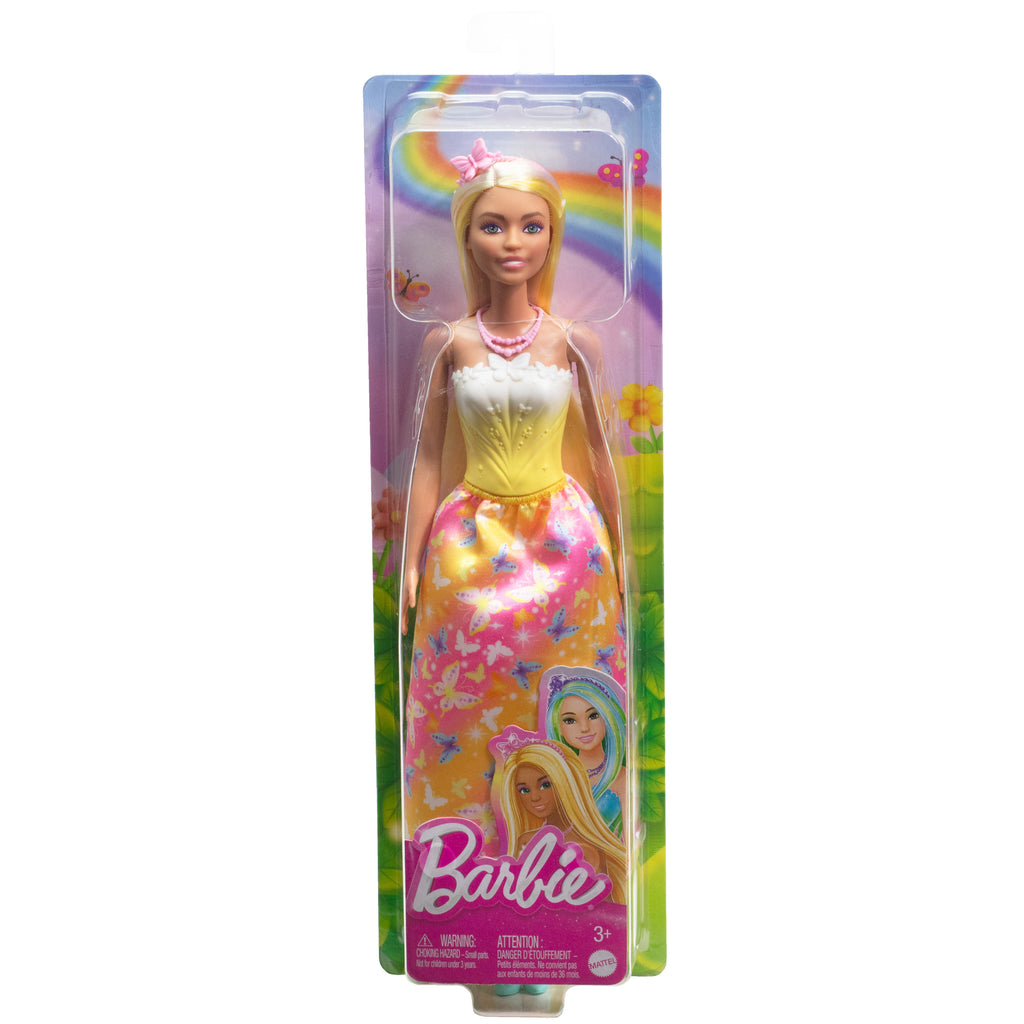 Parlak röfleli saçı, kelebek baskılı eteği ve aksesuarlarıyla Barbie Prenses Bebek