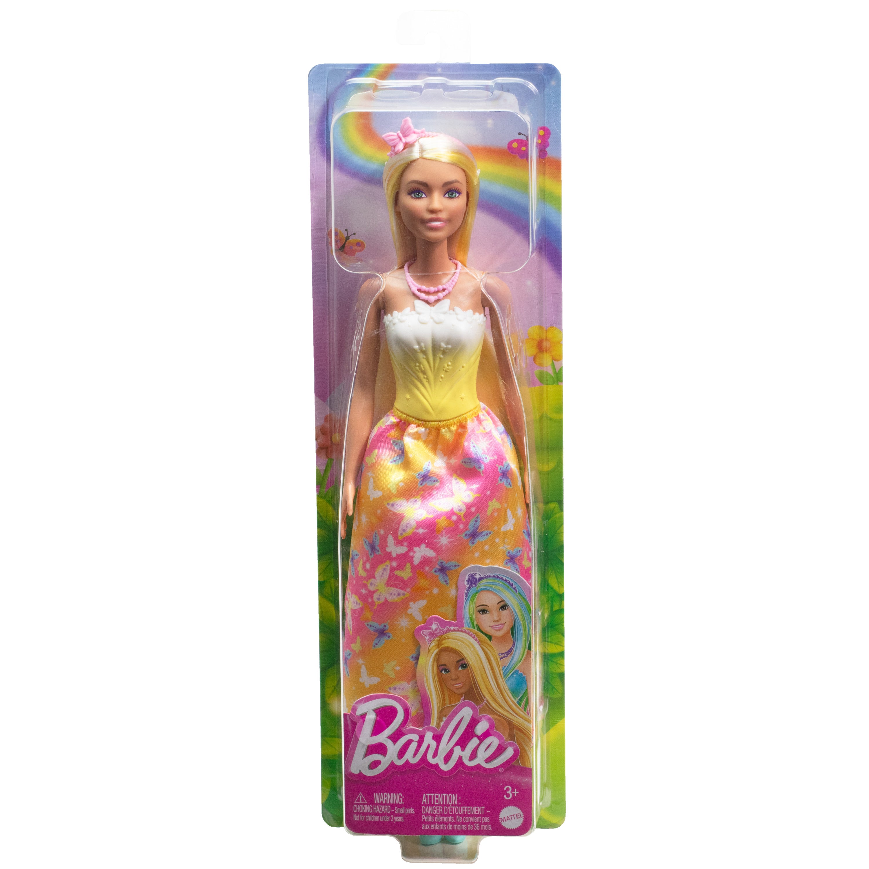 Parlak röfleli saçı, kelebek baskılı eteği ve aksesuarlarıyla Barbie Prenses Bebek