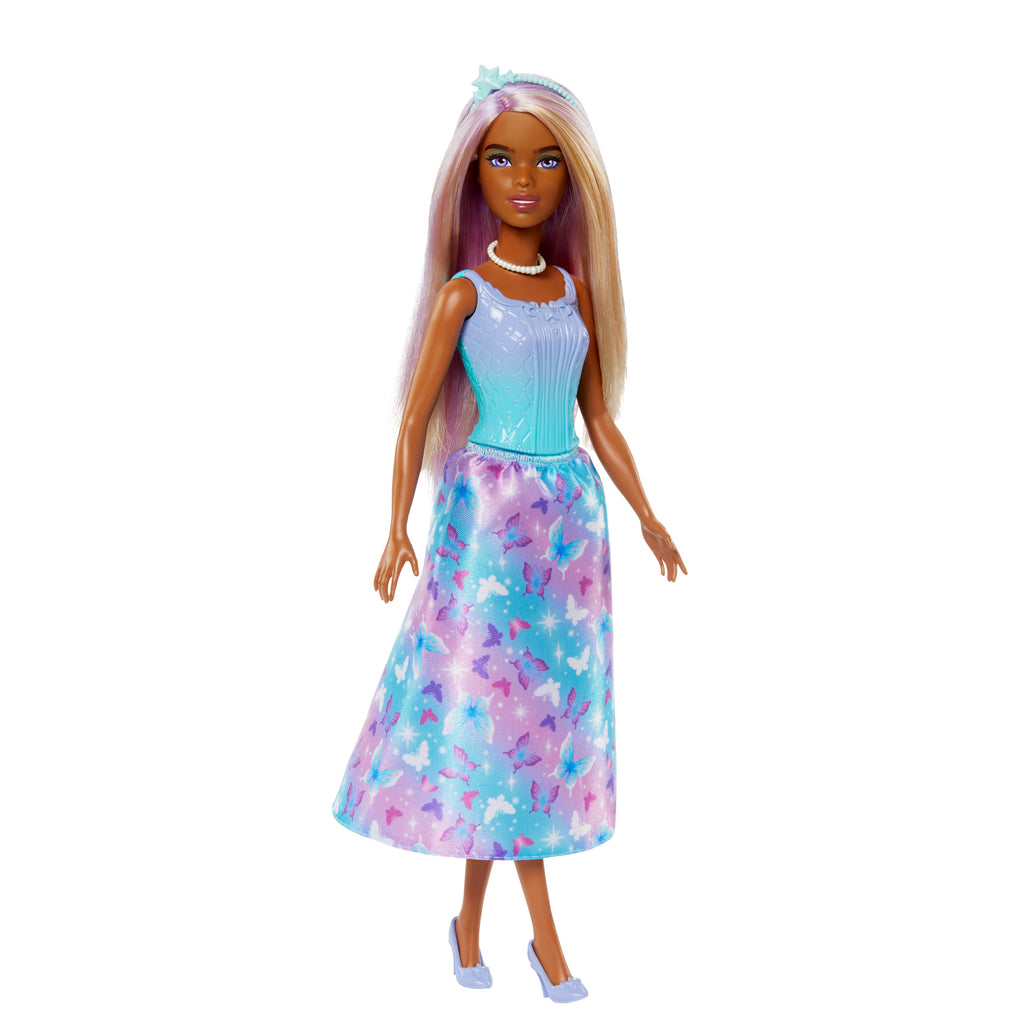 Mor saçı, kelebek baskılı pembe eteği ve aksesuarlarıyla Barbie Masal Dünyası bebeği