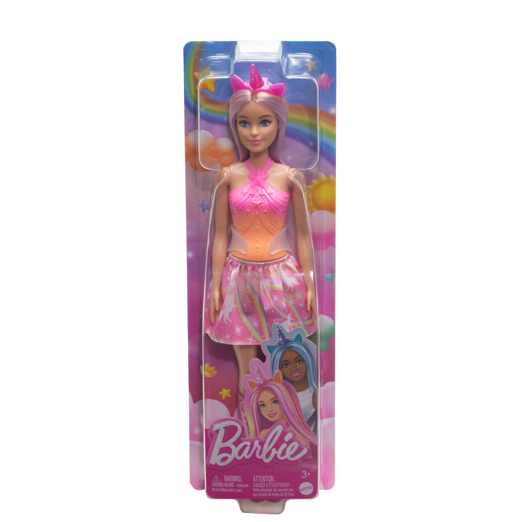 Pembe saçları, renkli kıyafetleri ve tek boynuzlu at temalı aksesuarları ile Barbie Tek Boynuzlu At Bebek
